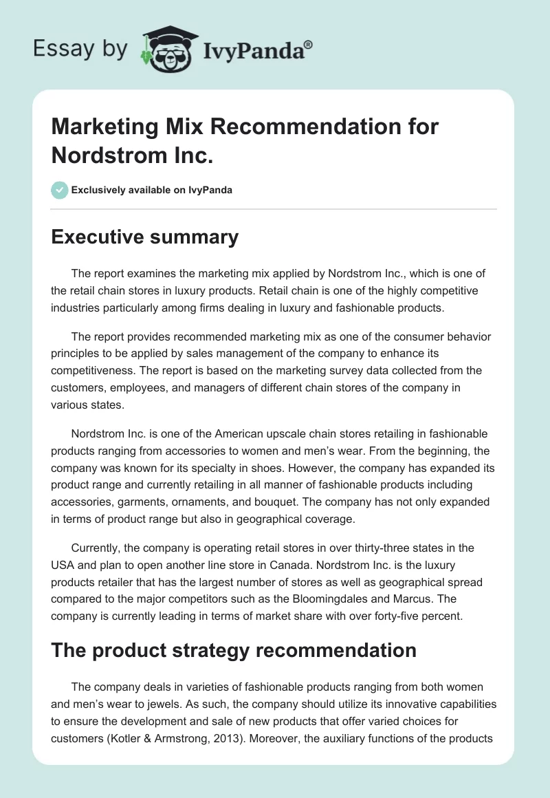 Marketing Mix Recommendation for Nordstrom Inc.. Page 1