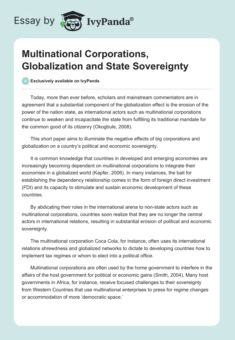 Multinational Corporations, Globalization and State Sovereignty. Page 1