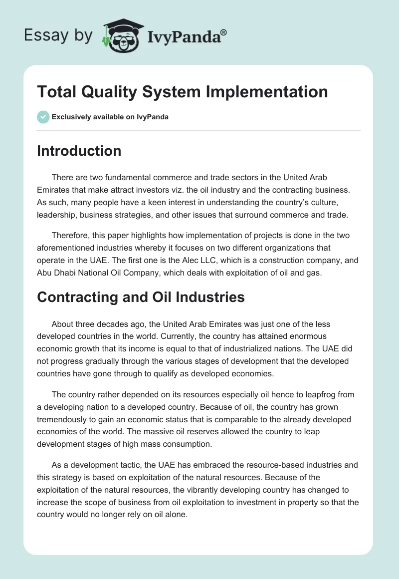 Total Quality System Implementation. Page 1