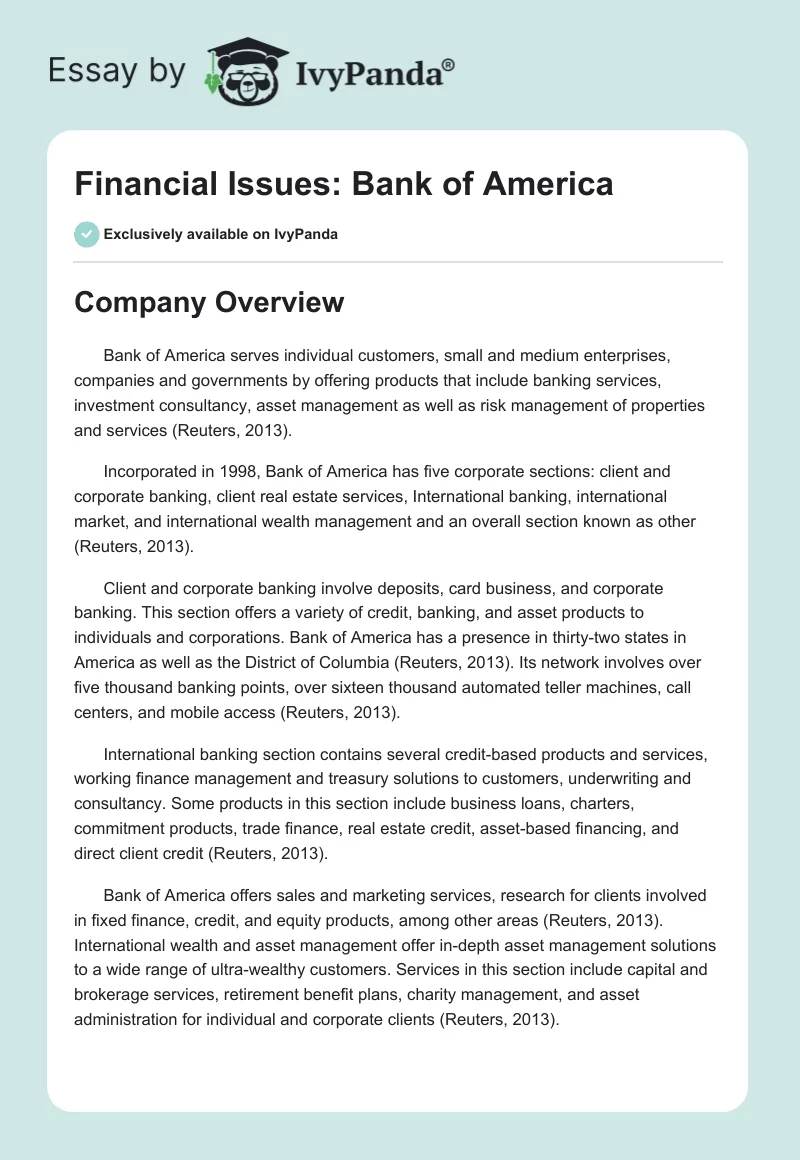 Financial Issues: Bank of America. Page 1