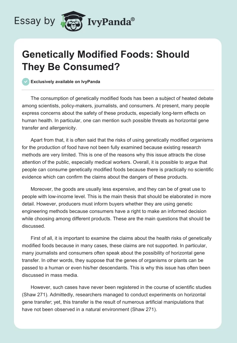 Genetically Modified Foods: Should They Be Consumed?. Page 1