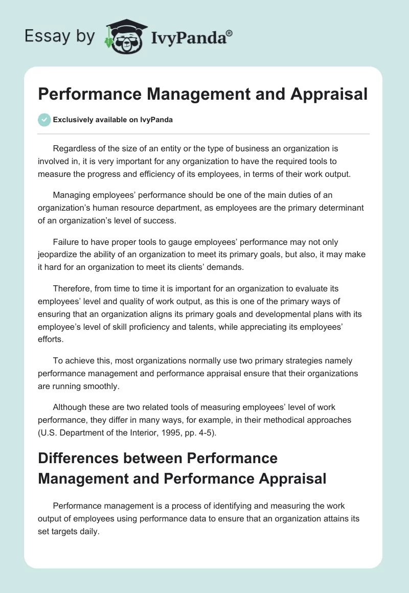 Performance Management and Appraisal - 865 Words | Research Paper Example