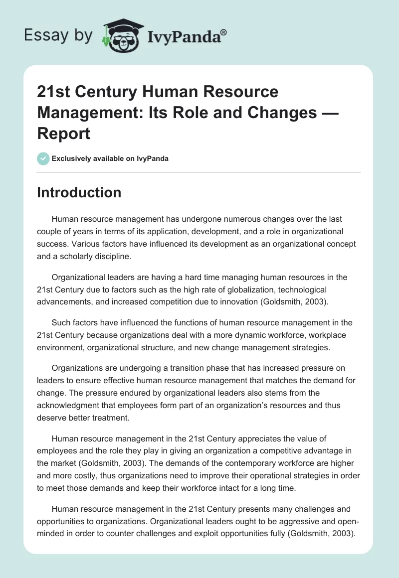 21st Century Human Resource Management: Its Role and Changes — Report. Page 1