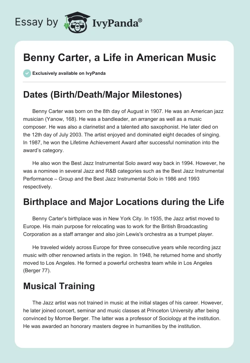 Benny Carter, a Life in American Music. Page 1