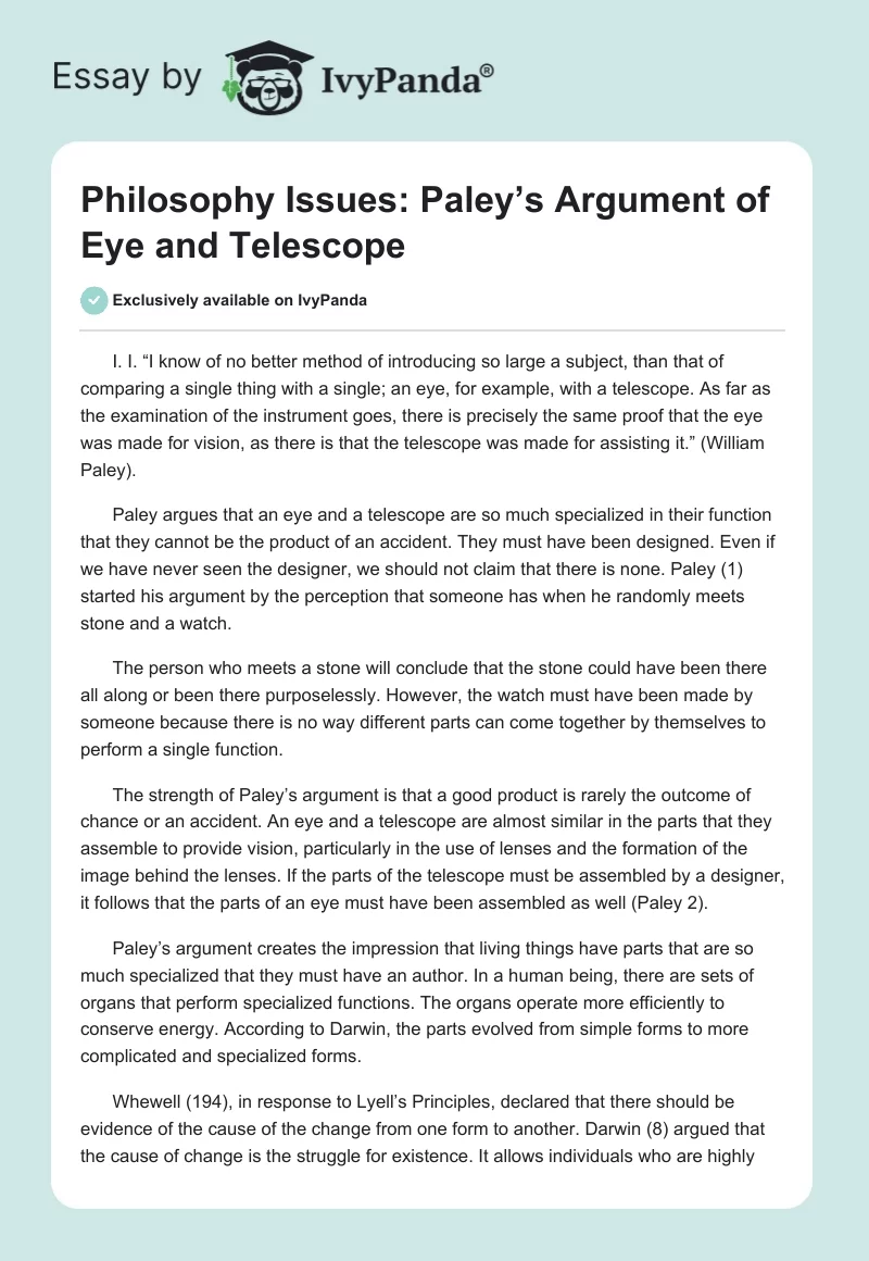 Philosophy Issues: Paley’s Argument of Eye and Telescope. Page 1