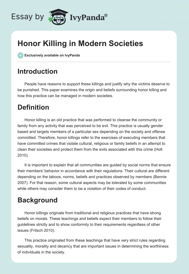 Honor Killing in Modern Societies. Page 1