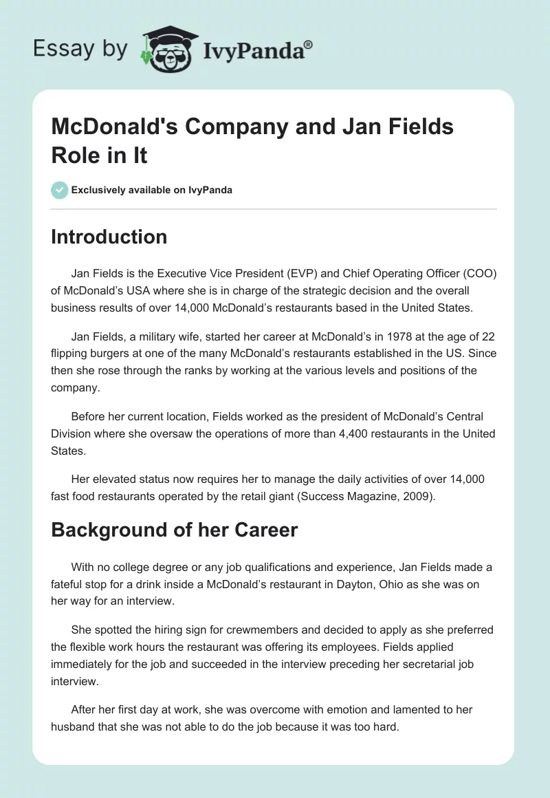 McDonald's Company and Jan Fields Role in It. Page 1