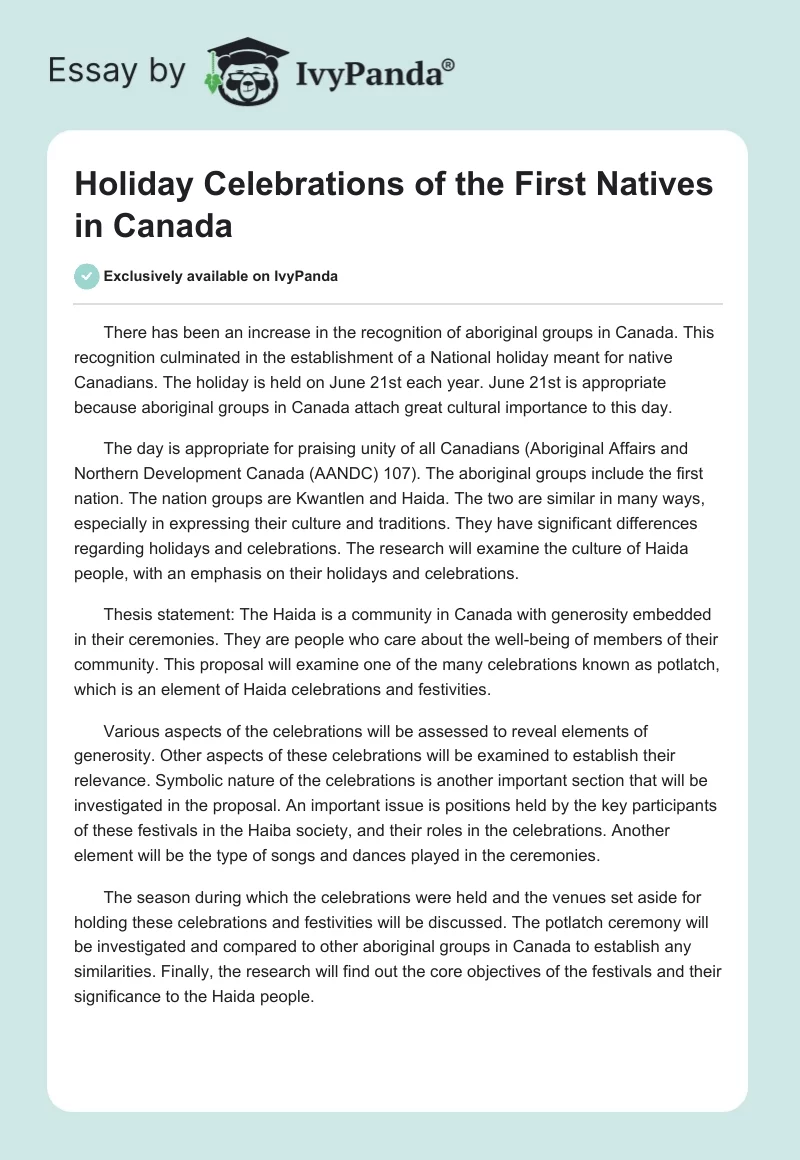 Holiday Celebrations of the First Natives in Canada. Page 1