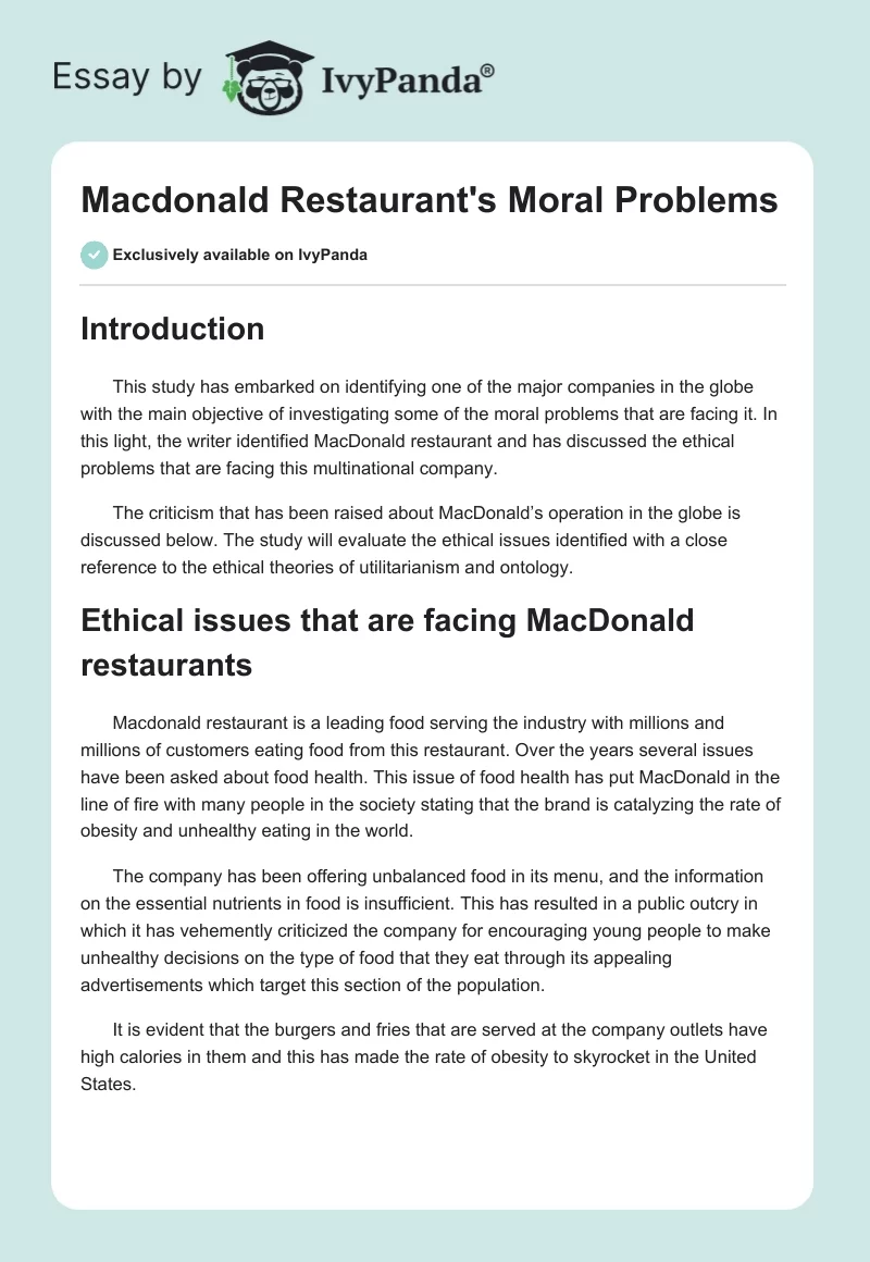 Macdonald Restaurant's Moral Problems. Page 1