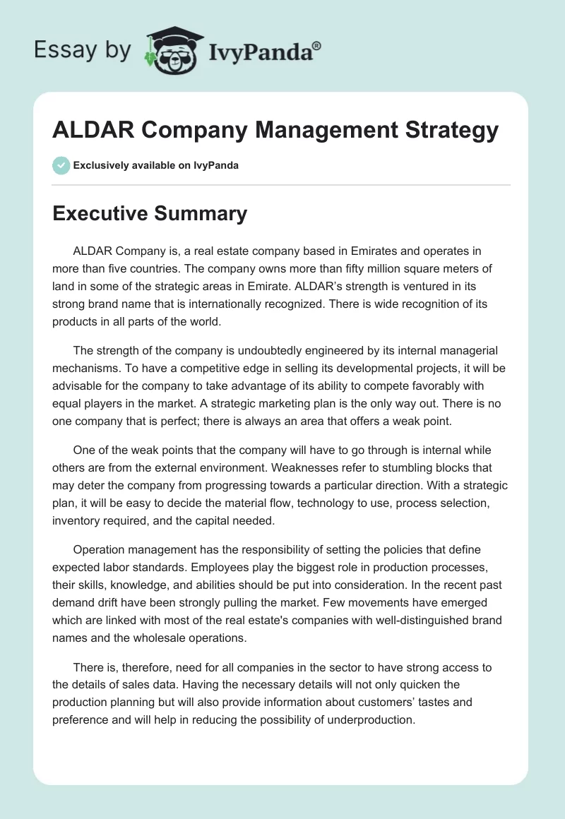 ALDAR Company Management Strategy. Page 1