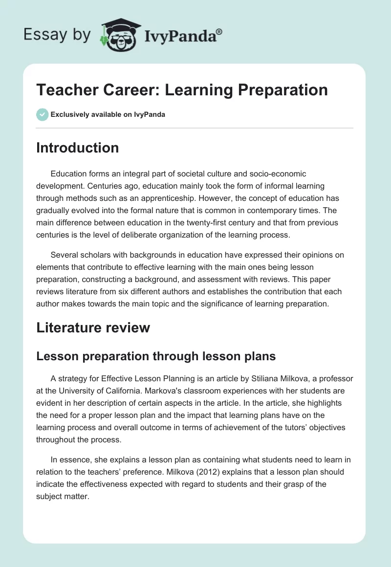 Teacher Career: Learning Preparation. Page 1