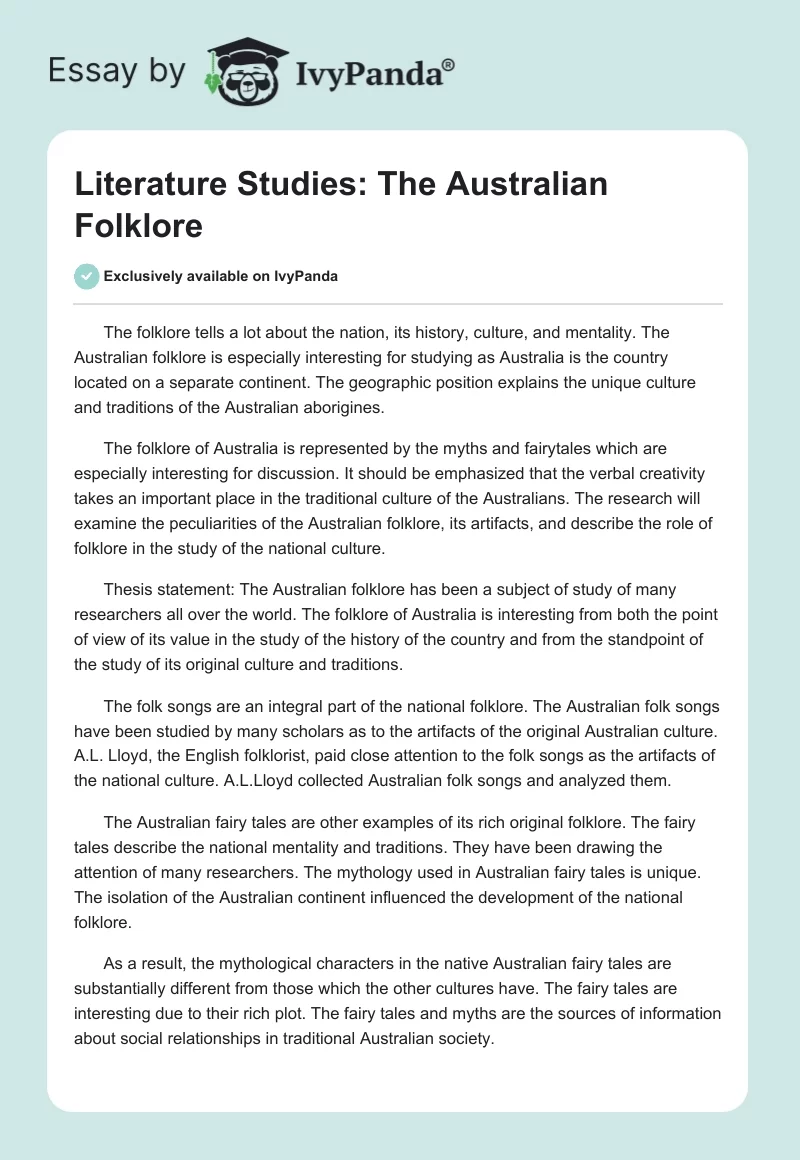 Literature Studies: The Australian Folklore. Page 1