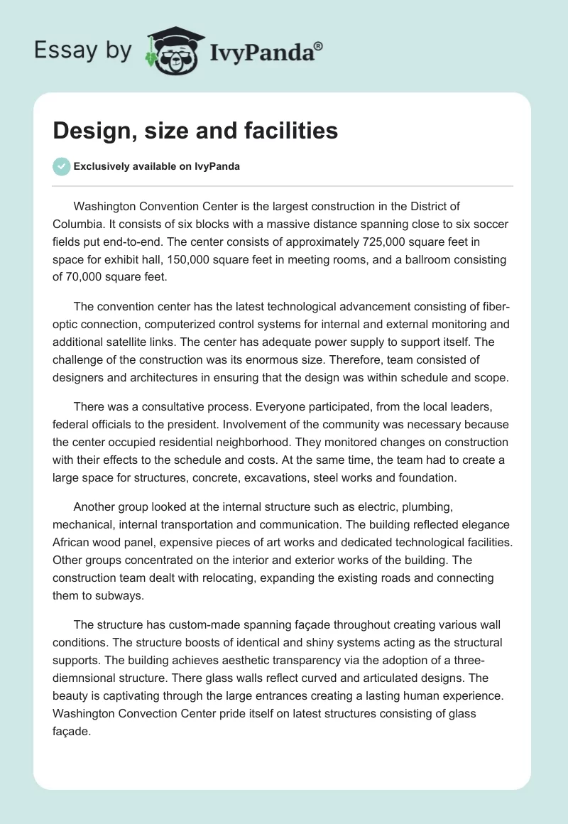 Design, size and facilities. Page 1