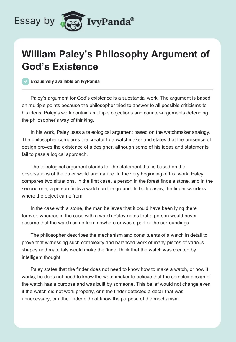 William Paley’s Philosophy Argument of God’s Existence. Page 1