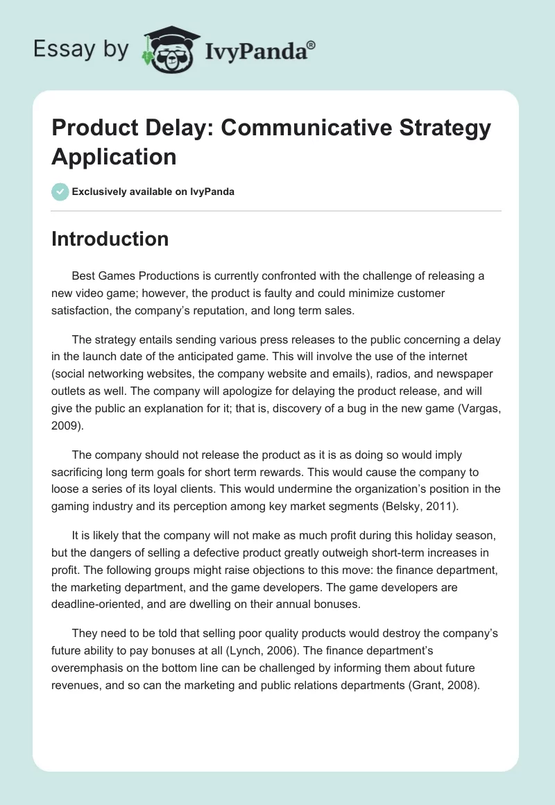 Product Delay: Communicative Strategy Application. Page 1
