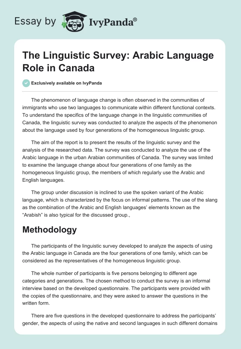 The Linguistic Survey: Arabic Language Role in Canada. Page 1