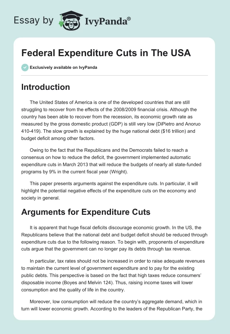 Federal Expenditure Cuts in The USA. Page 1