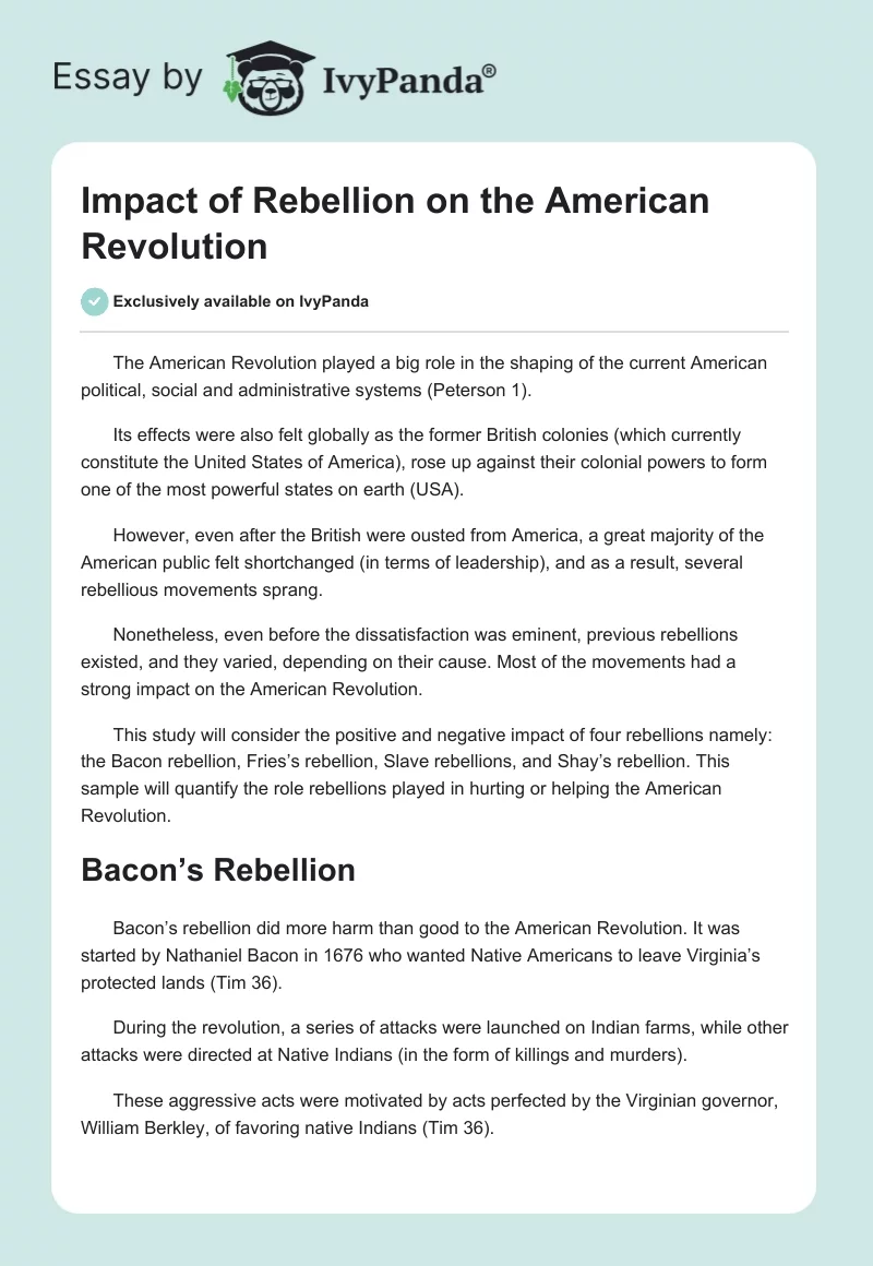 Impact of Rebellion on the American Revolution. Page 1