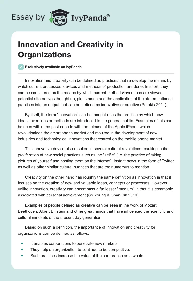 Innovation and Creativity in Organizations. Page 1