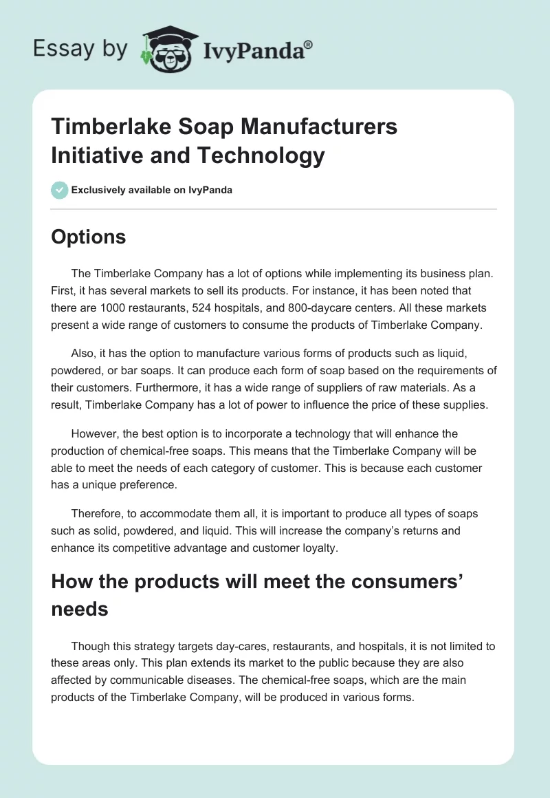 Timberlake Soap Manufacturers Initiative and Technology. Page 1