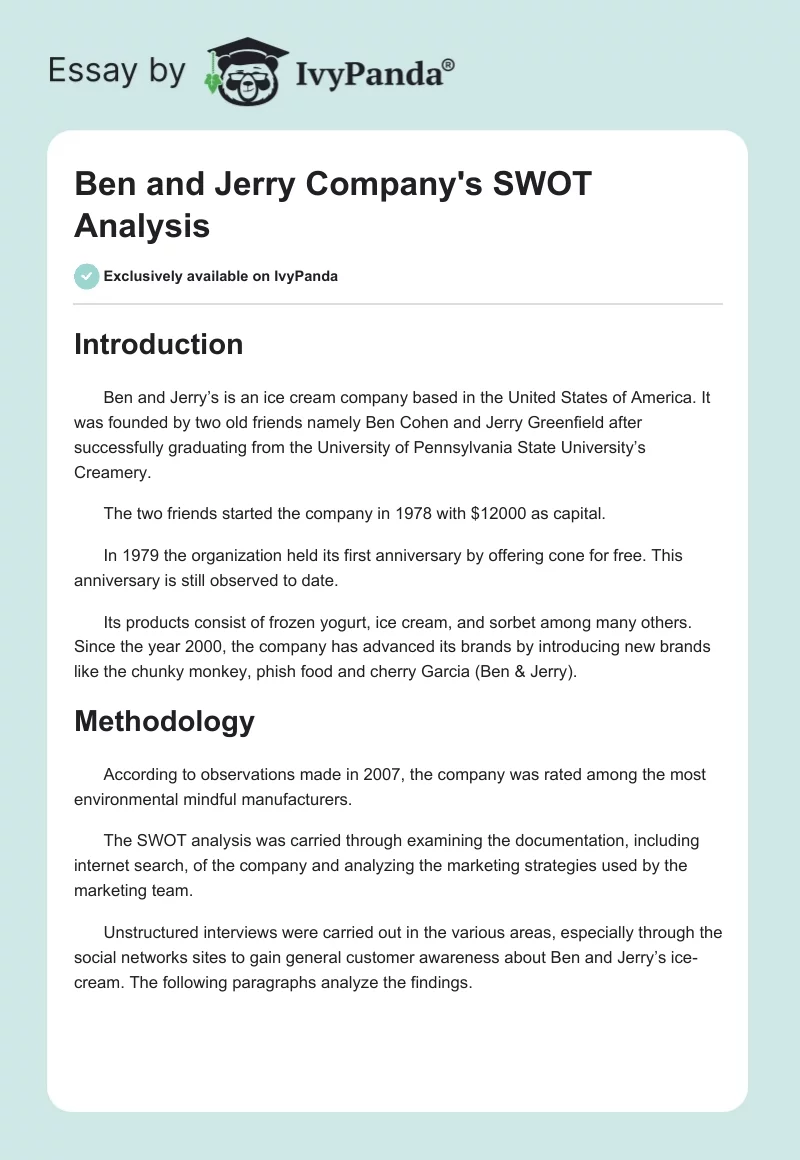 Ben and Jerry Company's SWOT Analysis. Page 1