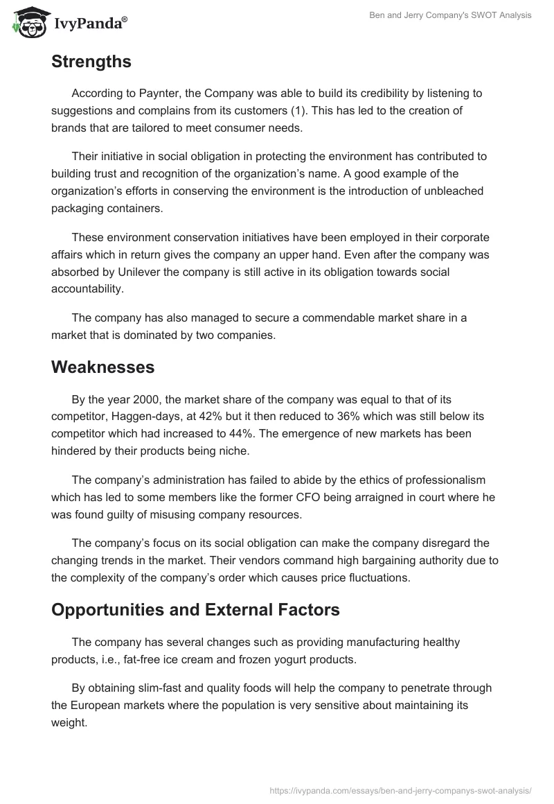 Ben and Jerry Company's SWOT Analysis. Page 2