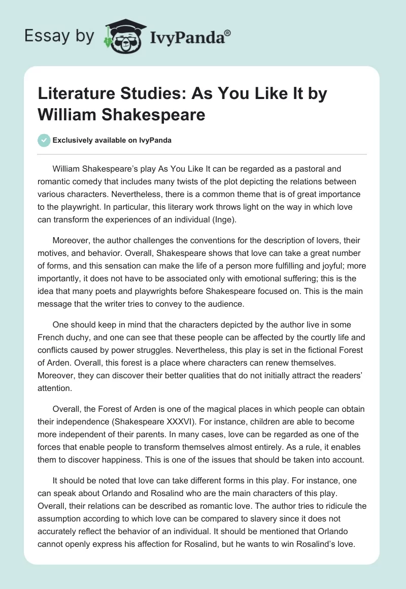 Literature Studies: "As You Like It" by William Shakespeare. Page 1