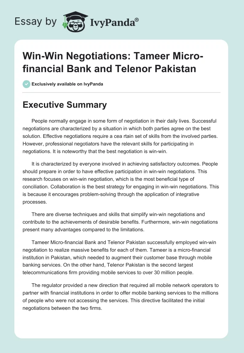 Win-Win Negotiations: Tameer Micro-Financial Bank and Telenor Pakistan. Page 1