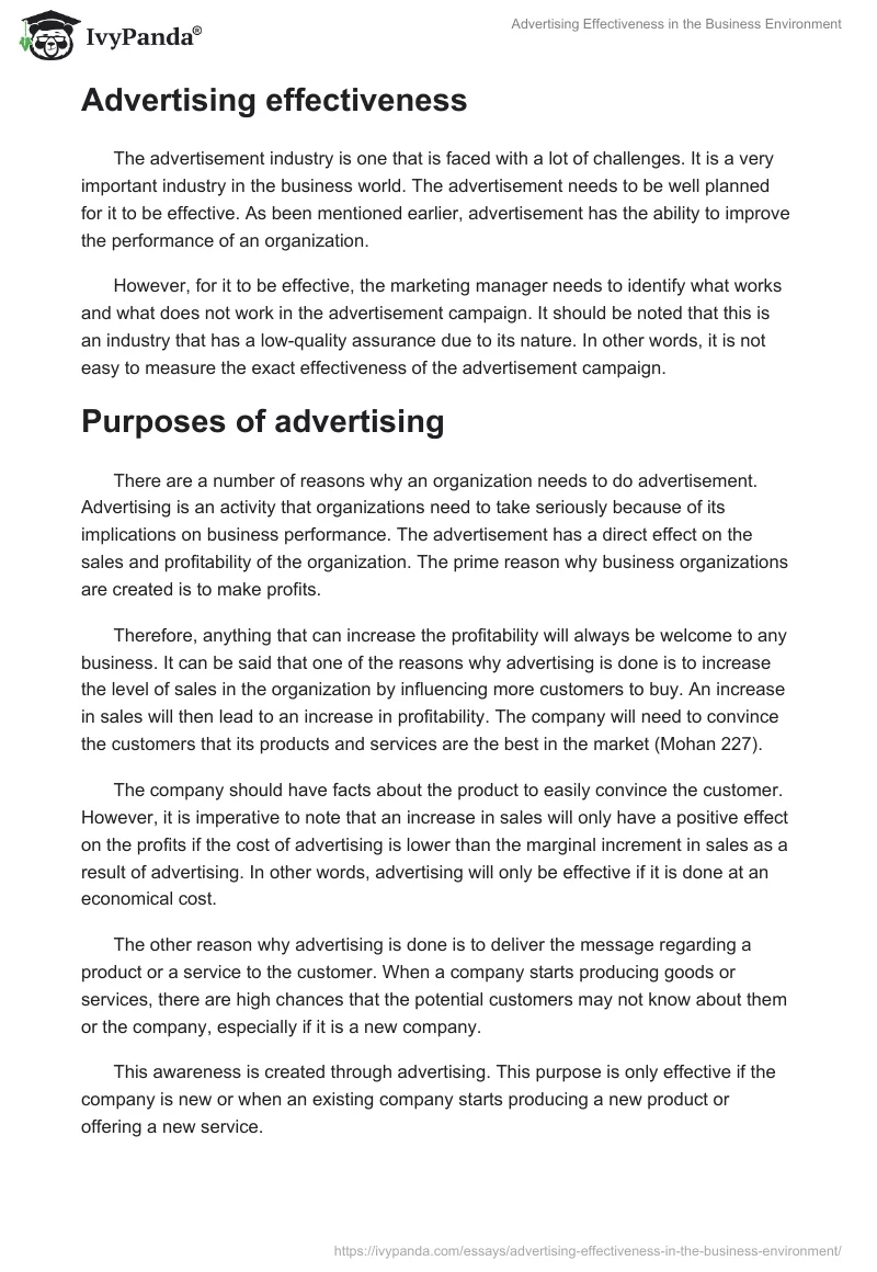 Advertising Effectiveness in the Business Environment. Page 2