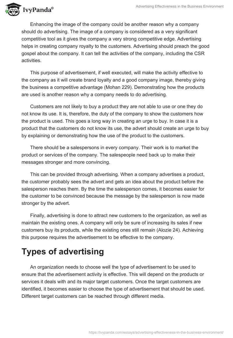 Advertising Effectiveness in the Business Environment. Page 3