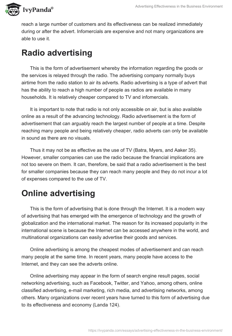 Advertising Effectiveness in the Business Environment. Page 5