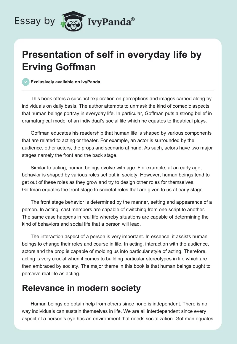 Presentation of self in everyday life by Erving Goffman. Page 1