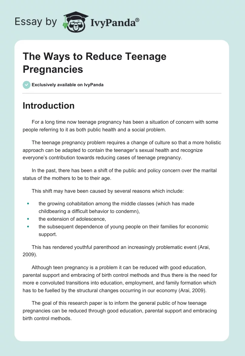 The Ways to Reduce Teenage Pregnancies. Page 1