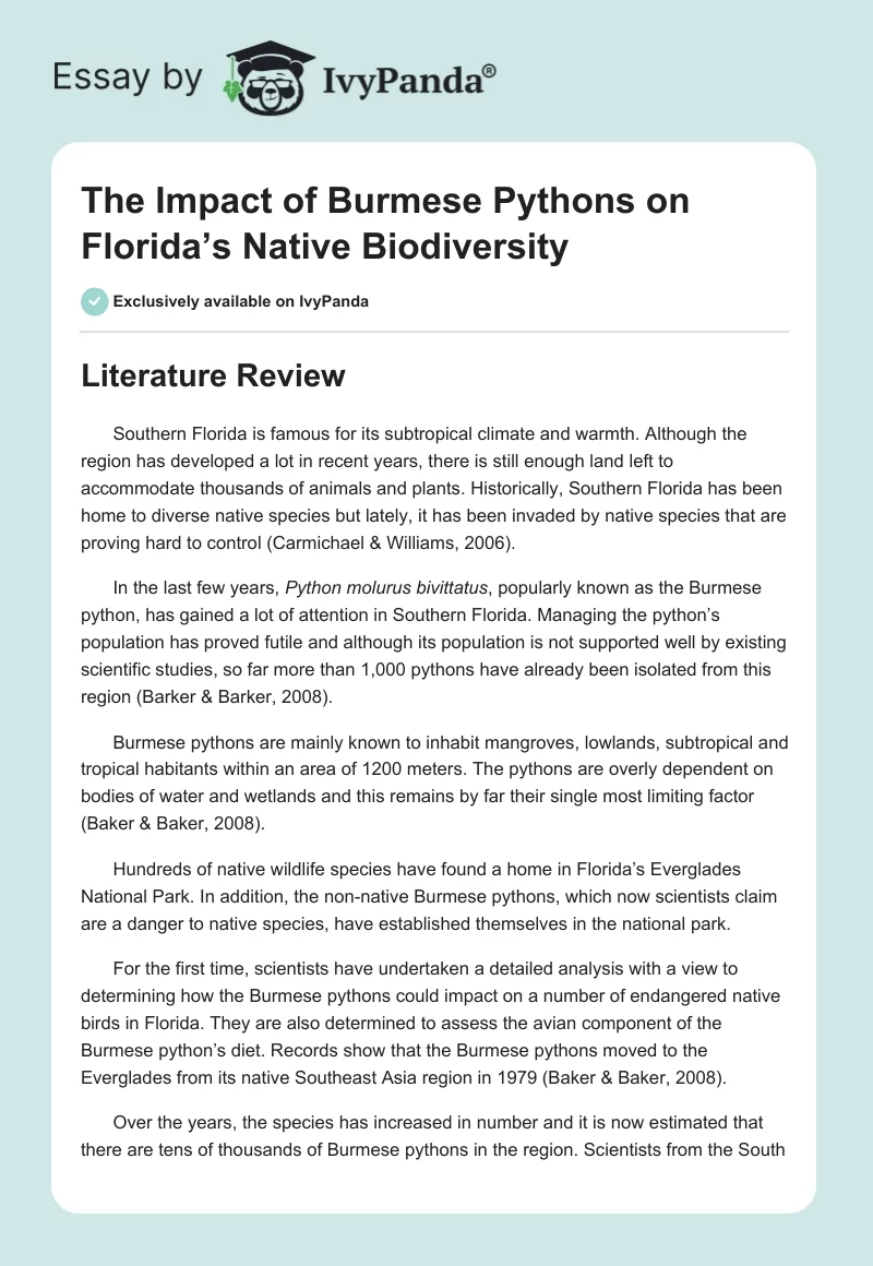 The Impact of Burmese Pythons on Florida’s Native Biodiversity. Page 1