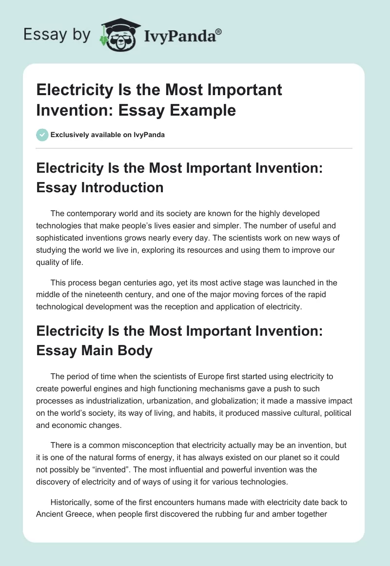 Electricity Is the Most Important Invention: Essay Example. Page 1