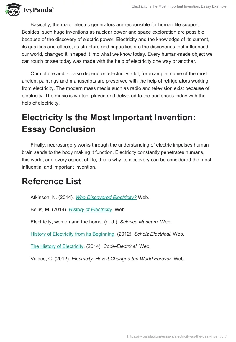 Electricity Is the Most Important Invention: Essay Example. Page 3