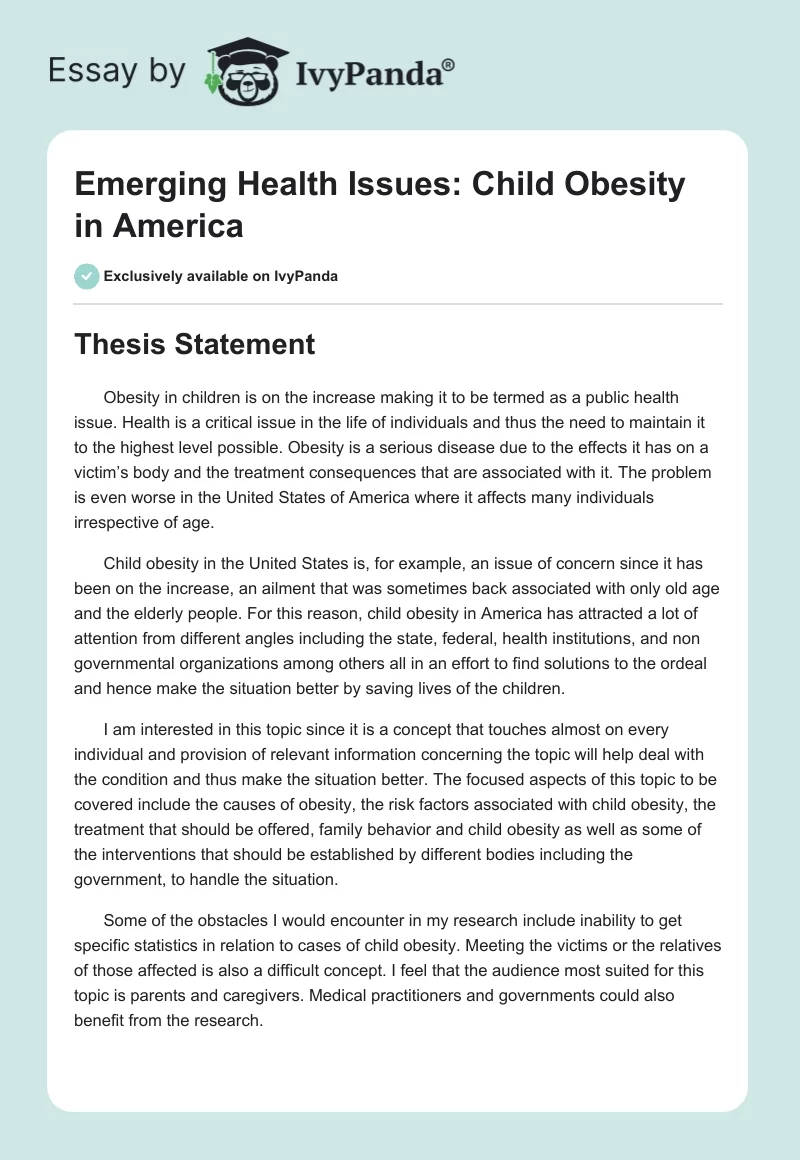 Emerging Health Issues: Child Obesity in America. Page 1