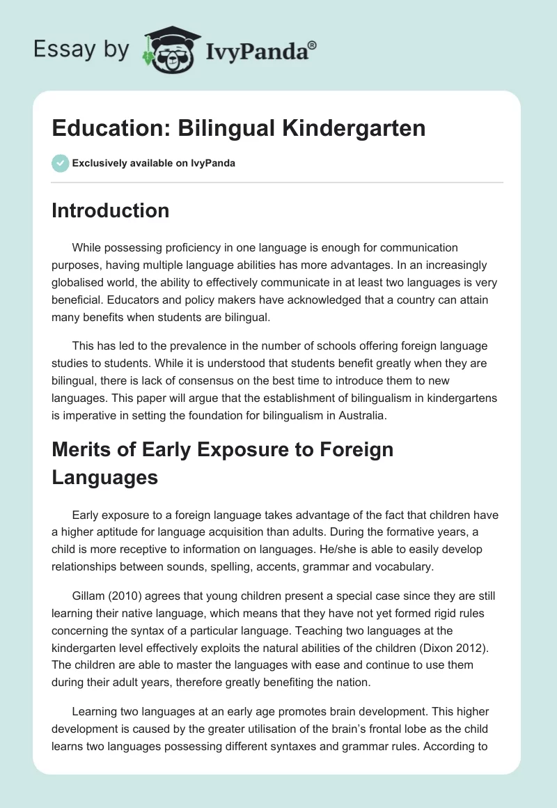 Education: Bilingual Kindergarten. Page 1