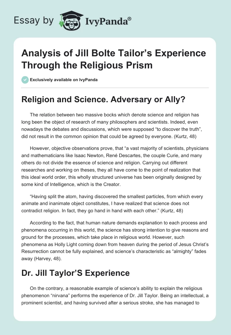 Analysis of Jill Bolte Tailor’s Experience Through the Religious Prism. Page 1