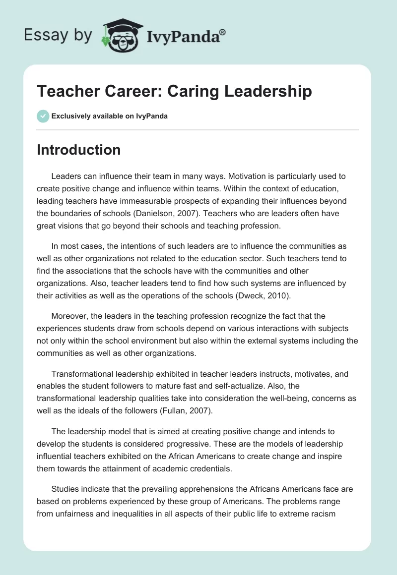Teacher Career: Caring Leadership. Page 1