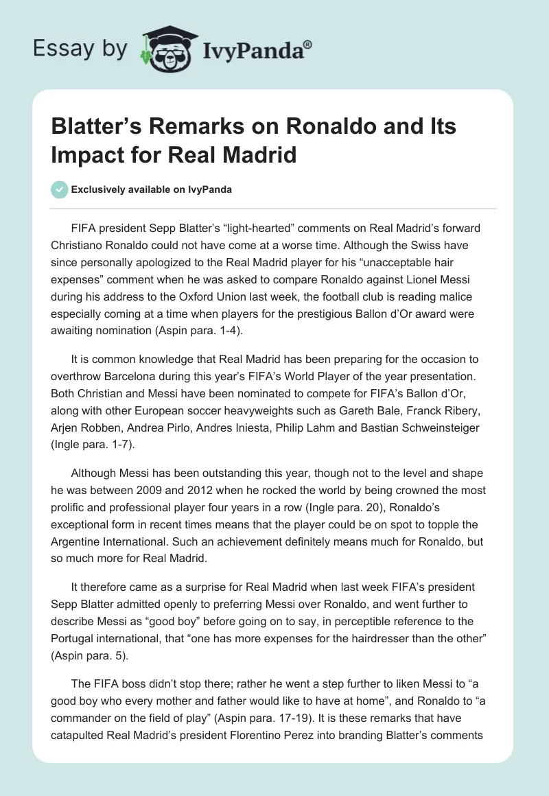 Blatter’s Remarks on Ronaldo and Its Impact for Real Madrid. Page 1