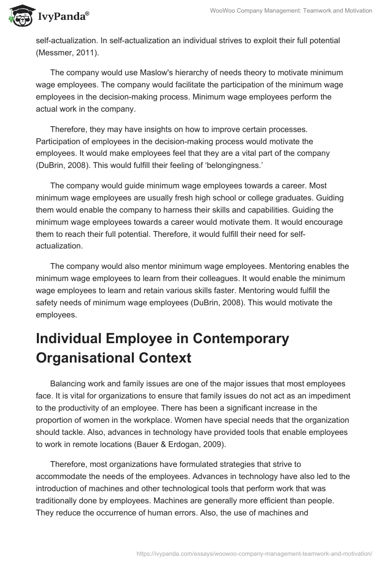 WooWoo Company Management: Teamwork and Motivation. Page 3
