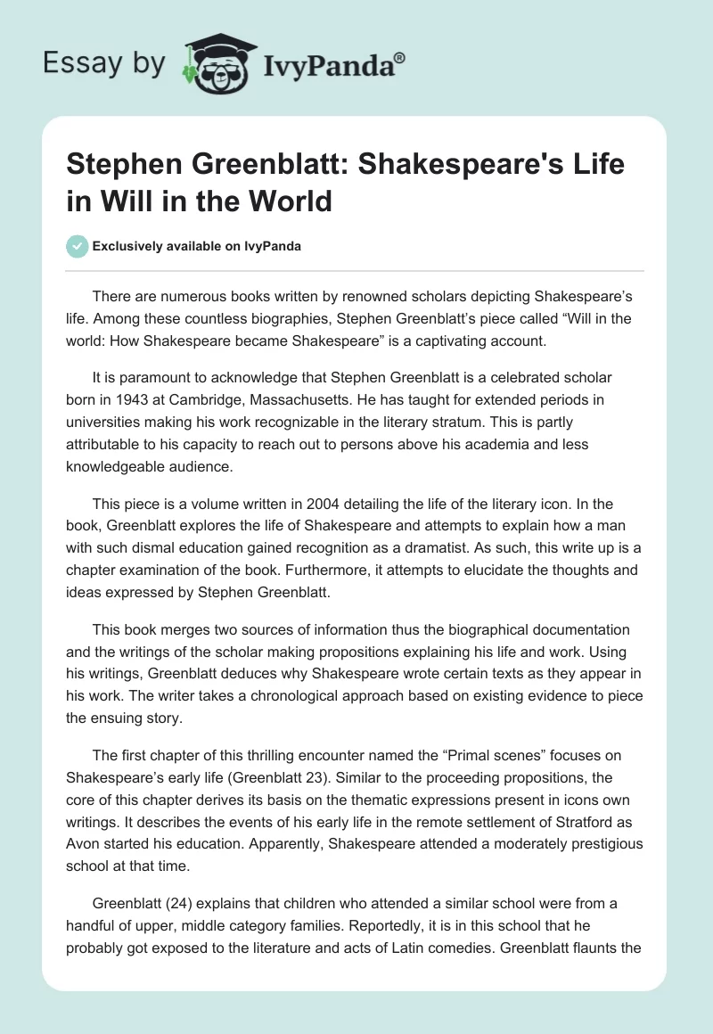 Stephen Greenblatt: Shakespeare's Life in "Will in the World". Page 1