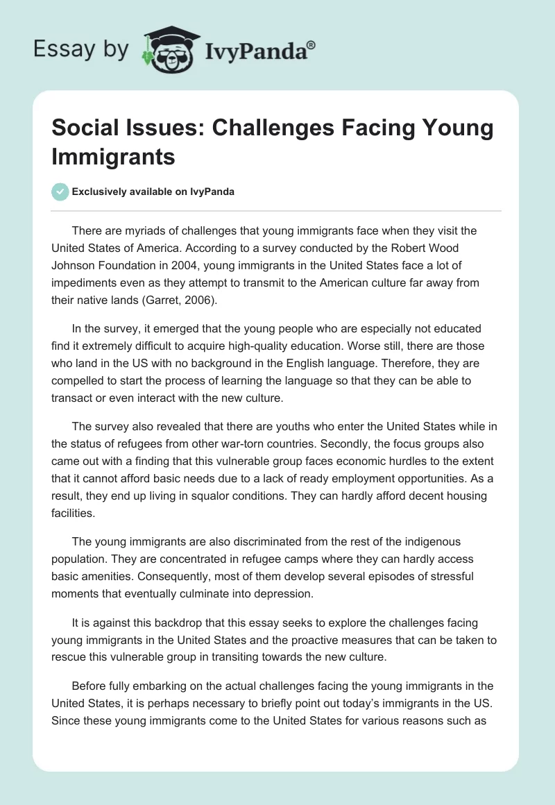 Social Issues: Challenges Facing Young Immigrants. Page 1