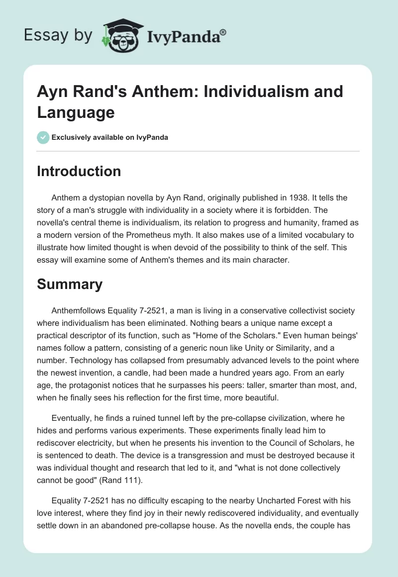 Ayn Rand's Anthem: Individualism and Language. Page 1
