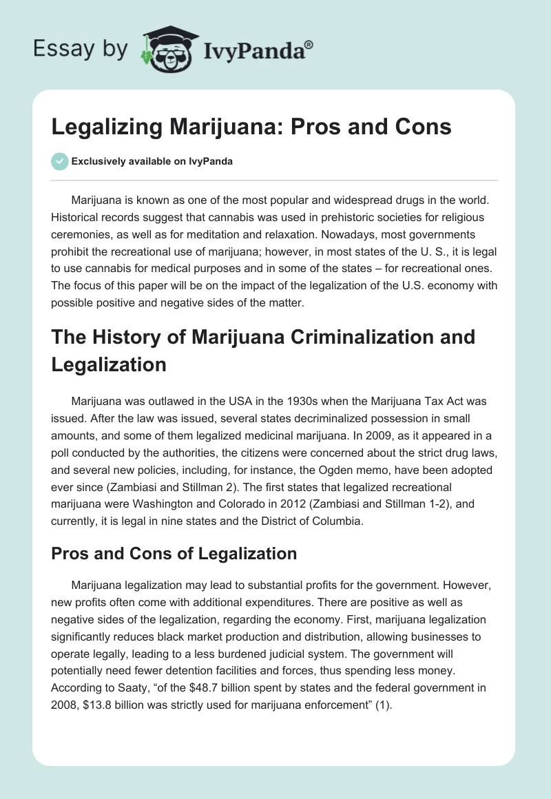 Legalizing Marijuana: Pros and Cons. Page 1