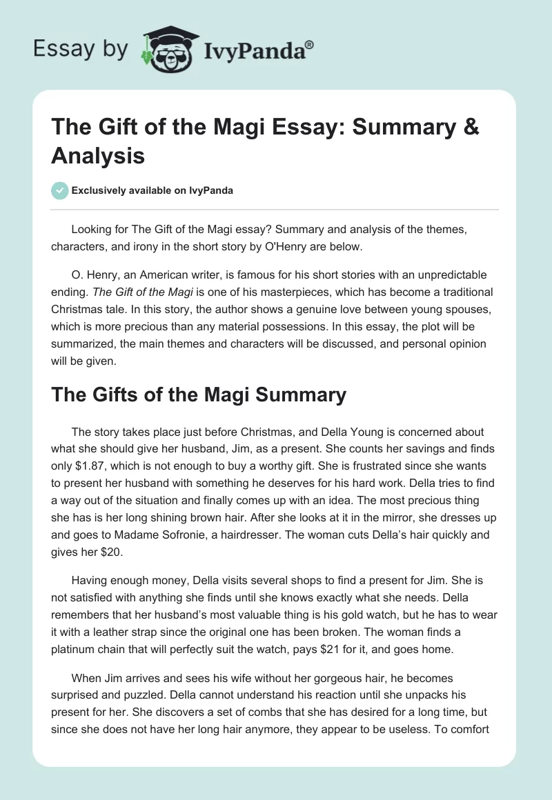 The Gift of the Magi Essay: Summary & Analysis. Page 1
