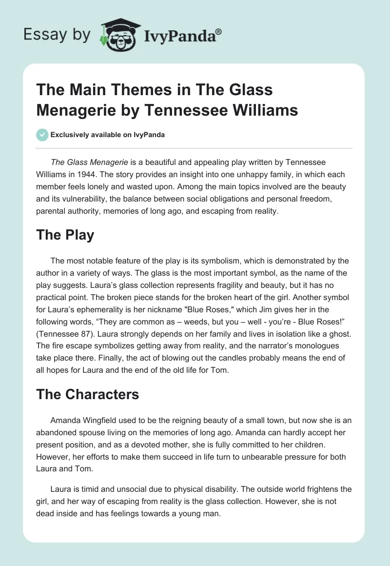 The Main Themes in "The Glass Menagerie" by Tennessee Williams. Page 1