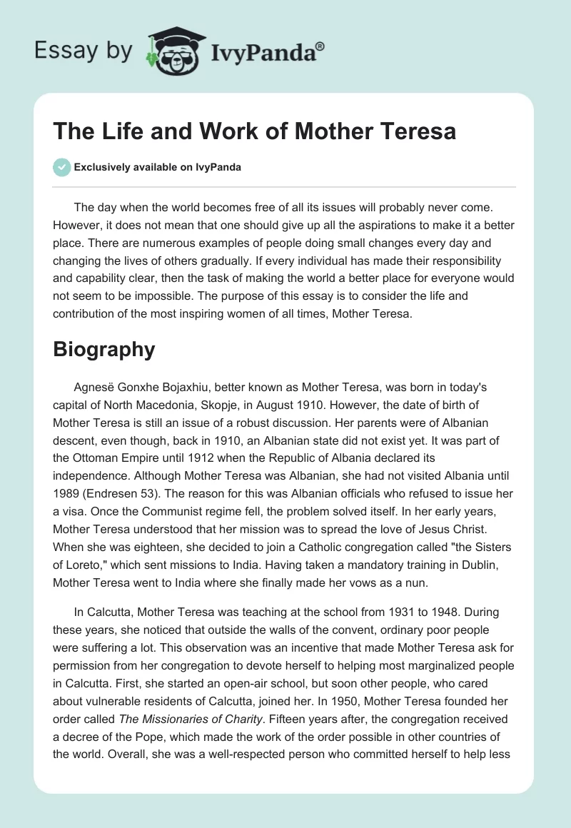 The Life and Work of Mother Teresa. Page 1