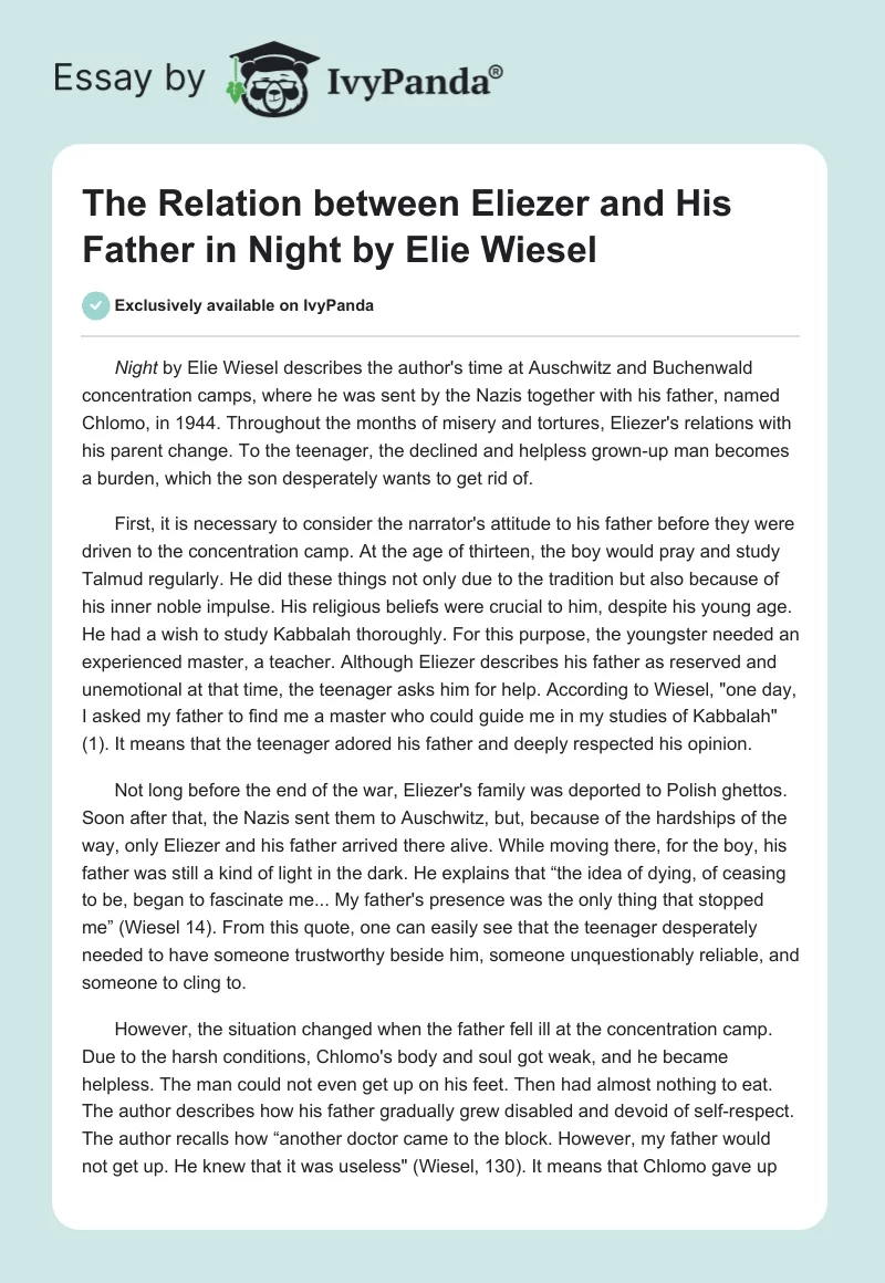 The Relation Between Eliezer and His Father in Night by Elie Wiesel. Page 1